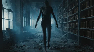 Ghostly Figure Walking Through A Dilapidated Abandoned Library
