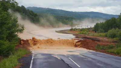 Muddy Floodwater Rushing Across A Damaged Rural Road