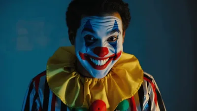 Creepy Clown With Painted Face Smiling At Camera