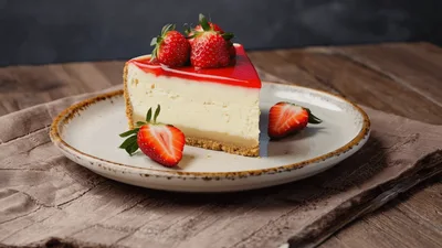Slice Of Strawberry Cheesecake On A Rustic Plate