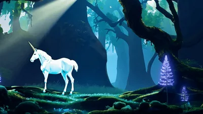White Unicorn Standing In A Magical Glowing Forest