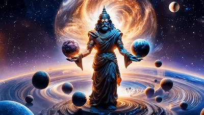 Cosmic Deity Holding Planets In Deep Space