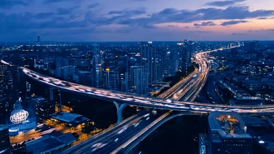 Aerial View Of Bangkok Expressway Traffic At Night
