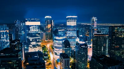 Aerial View Of Illuminated Skyscrapers In Seoul At Night
