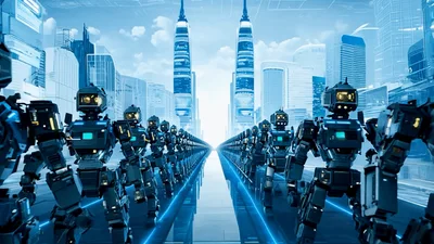 Futuristic Robots Marching In Synchronized Formation