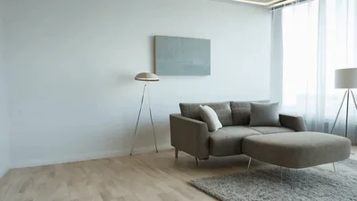 Modern Minimalist Living Room Interior With Grey Sofa