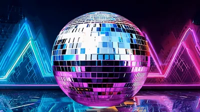 Rotating Disco Ball With Neon Geometric Background