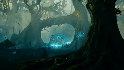 Glowing Ancient Portal In A Dark Mystical Forest