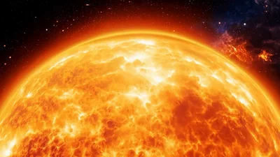 Glowing Sun Surface With Solar Flares In Deep Space