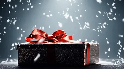 Glittering Gift Box Under Falling Snow