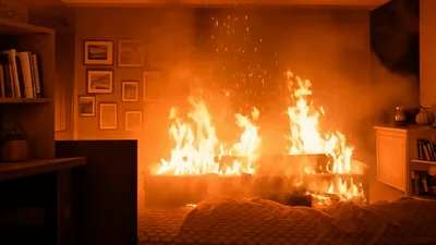 Intense Bedroom Fire Consuming Furniture In Residential Room