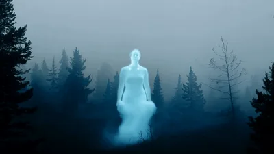 Ethereal Ghostly Woman Rising In Misty Forest