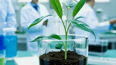 Small Green Plant Growing in Laboratory Beaker