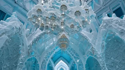 Majestic Ice Palace Interior With Intricate Crystal Chandelier