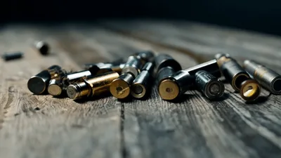 Assorted Metal Cartridge Casings Scattered On Wooden Surface