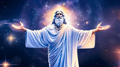 Divine Sage Standing With Open Arms In Cosmic Space