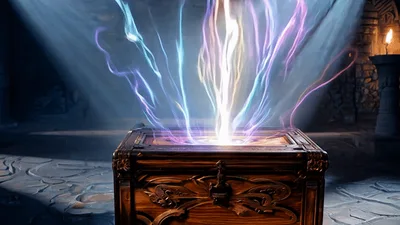 Magical Wooden Treasure Chest Emitting Colorful Energy Beams