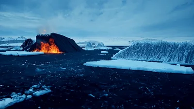 Burning Black Ice Structure In Arctic Landscape