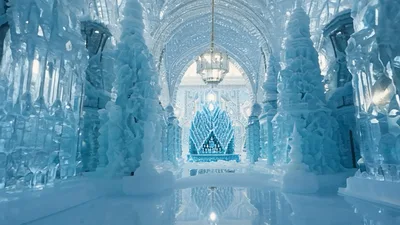 Camera Moves Through An Ornate Ice Palace Hallway