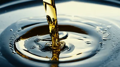 Golden Oil Pouring Into A Pool Of Liquid