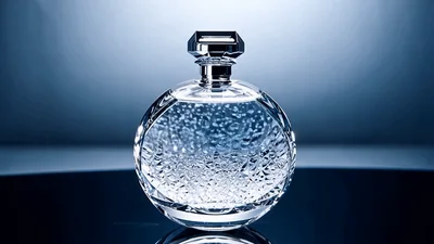 Crystal Perfume Bottle Rotating On A Reflective Surface