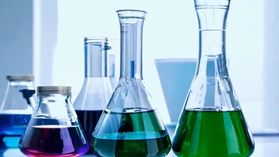 Laboratory Glassware With Colorful Chemical Solutions
