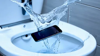 Smartphone Falling Into Toilet Bowl With Water Splash