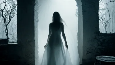 Ghostly Woman In White Dress Walking Through Ruined Archway