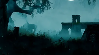 Full Moon Rising Over A Dark Foggy Forest