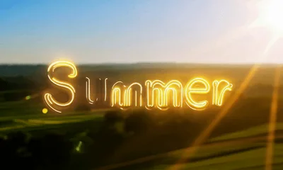 Neon Summer Text Animation Over Scenic Countryside Landscape