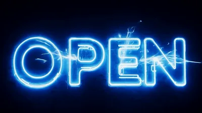 Blue Neon Open Sign With Electric Sparks