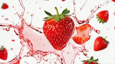 Fresh Strawberries Floating In Red Fruit Juice Splash
