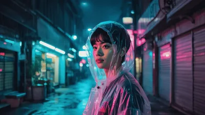 Young Person Wearing Transparent Raincoat In Neon City Alley