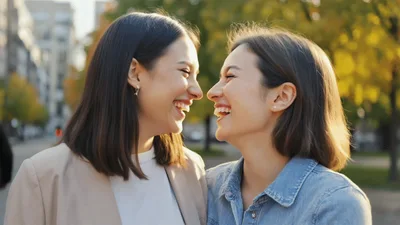 Two Happy Young Women Laughing Together Outdoors