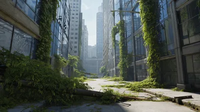 Abandoned City Street Overgrown With Lush Green Vegetation