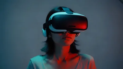 Young Woman Wearing Virtual Reality Headset In Studio