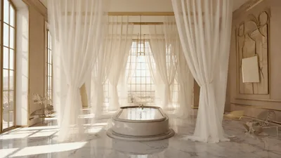 Luxurious Bathroom With Bathtub And Sheer Curtains