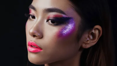 Asian Model With Artistic Glitter Makeup Posing