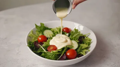 Creamy Salad Dressing Being Poured Over Fresh Garden Salad
