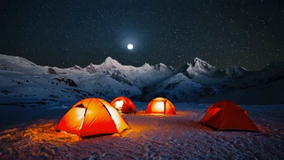 Orange Tents Glowing Under Starry Night Sky