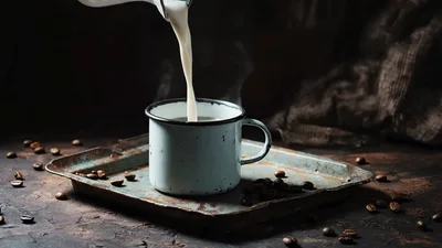 Pouring Fresh Milk Into A Rustic Coffee Mug