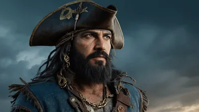 Portrait Of A Bearded Pirate Captain Looking Into Distance