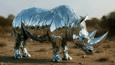 Reflective Mirror Mosaic Rhinoceros Sculpture Standing In Savannah