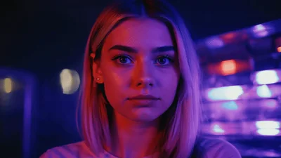 Young Woman Staring Intently Under Neon Blue And Red Lights