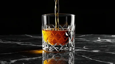 Amber Whiskey Pouring Into Crystal Glass