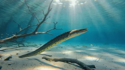 Spotted Moray Eel Swimming Through Clear Tropical Water