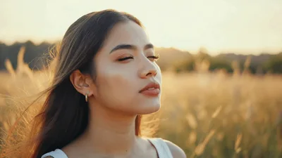 Young Woman Enjoying Sunset In A Golden Grass Field