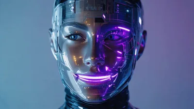 Futuristic Android Robot Face With Glowing Purple Eyes