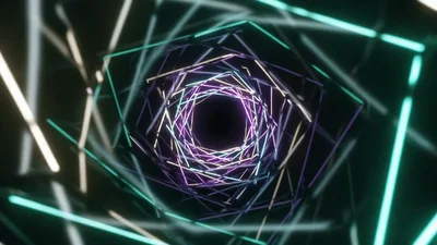Neon Geometric Tunnel With Rotating Glowing Light Frames