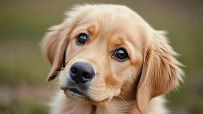 Adorable Golden Retriever Puppy Tilting Head In Nature